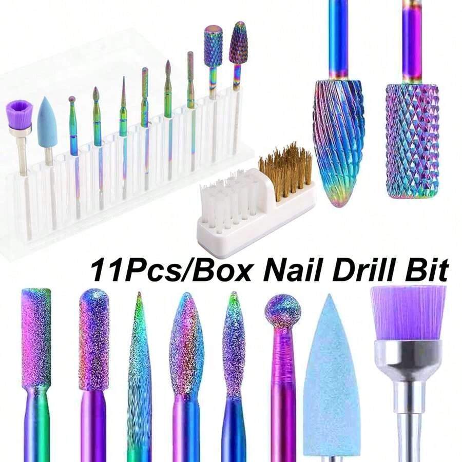 11PCS Nail Drill Bit Set With Cleaning Brush 3/32" Professional Nail Drill Bits Cuticle Nail Drill Bits Acrylic Gel Nail Tech Manicure Pedicure Home Salon - Multicolor - View 1