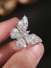 1pc Luxury Silver Butterfly Ring Inlaid Shiny Cubic Zirconia, Eye-Catching Jewelry For Women, Suitable For Wedding, Engagement, Anniversary & Birthday - White - View 10