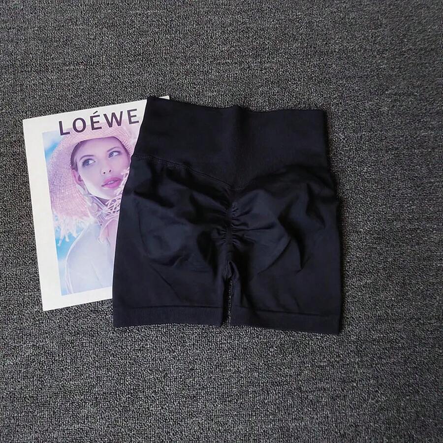 Peach Yoga Shorts For Girls, High Waisted Crisscross Shorts, Snap Knit, Running, Sports, Elastic, Tummy Lift, Butt-Skimming Shorts - 黑色 - 查看 1