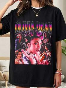 Vintage Olivia Dean Tour T-Shirt, Retro R&B Concert Graphic Tee, Premium Unisex Crew Neck T-Shirt For Everyday Casual Wear For Music Fans. - 黑色 - 查看 1