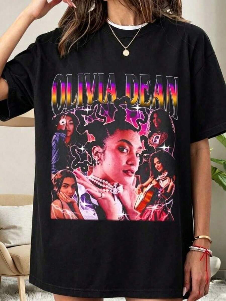 Vintage Olivia Dean Tour T-Shirt, Retro R&B Concert Graphic Tee, Premium Unisex Crew Neck T-Shirt For Everyday Casual Wear For Music Fans. - 黑色 - 查看 1