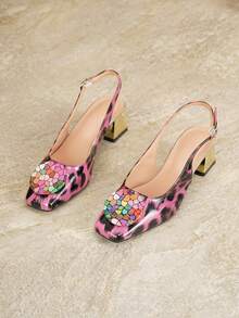 Pink & Black Leopard Print Square Toe Slingback Sandals For Women, 4.5cm Metallic Shiny Chunky Heel, Colorful Rhinestone Round Buckle Closed Toe Strap Shoes, Spring/Summer Sexy Style For Date, Party, Commute, Comfortable Low-Mid Heel Women's Shoes - Purple - View 7
