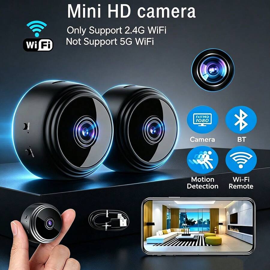Miniature Mini Camera, Home Security Camera, Portable Hidden Camera, HD 1080p Smart Mini Camera, HD Night Vision Wireless WiFi Camera, Only Supports 2.4G Network, Remote Monitoring, SD Card Expandable Memory, Indoor HD Network Monitor, USB Powered Home Camera, Suitable For Home, Office And Other Scenarios, Meets Various Needs, 24-Hour Peace Of Mind Online - Black - View 1