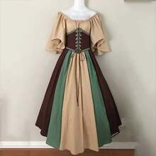 Vestido ajustado de estilo retro medieval con bloques de color, mangas con volantes y un dobladillo amplio, ideal para cosplay y actuaciones escénicas. - Caqui - Ver 1