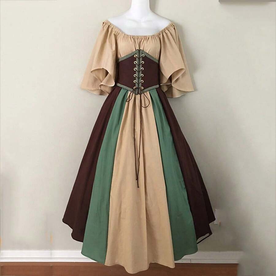 Vestido ajustado de estilo retro medieval con bloques de color, mangas con volantes y un dobladillo amplio, ideal para cosplay y actuaciones escénicas. - Caqui - Ver 1