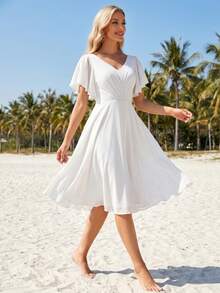 Robes de mariée courtes, robe blanche fluide pour femmes, robe de demoiselle d'honneur en mousseline pour femmes, robe de soirée formelle pour femmes pour mariage - Blanc - Voir 3