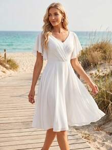 Robes de mariée courtes, robe blanche fluide pour femmes, robe de demoiselle d'honneur en mousseline pour femmes, robe de soirée formelle pour femmes pour mariage - Blanc - Voir 1