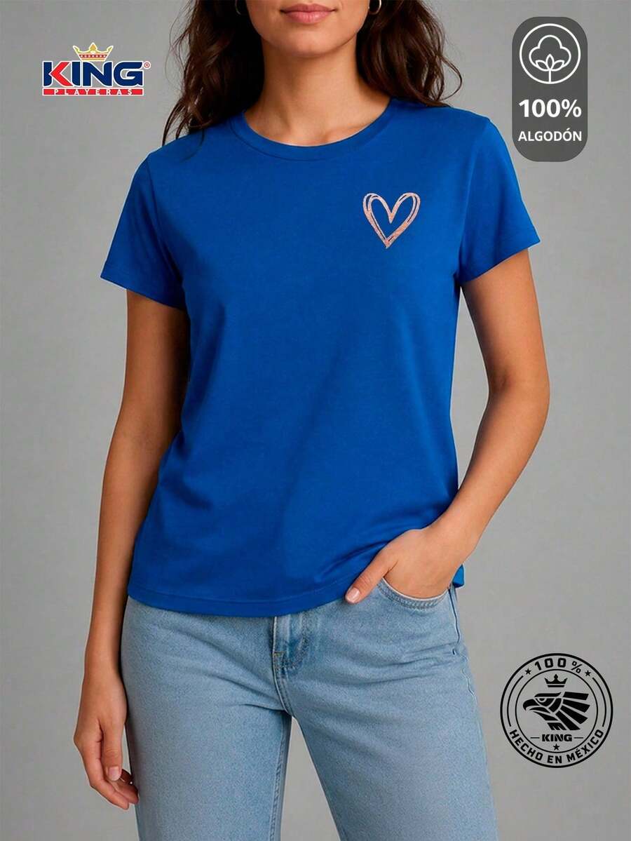 SHENDY VENDY Women's T-Shirt 100% Cotton, Short Sleeve, Round Neck, Soft And Comfortable T-Shirt, Minimalist Heart Print - 藍色 - 查看 1