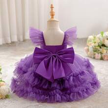 Vestido de fiesta y noche para niña bebé con malla, patchwork y decoración de lazo - Morado - Ver 7