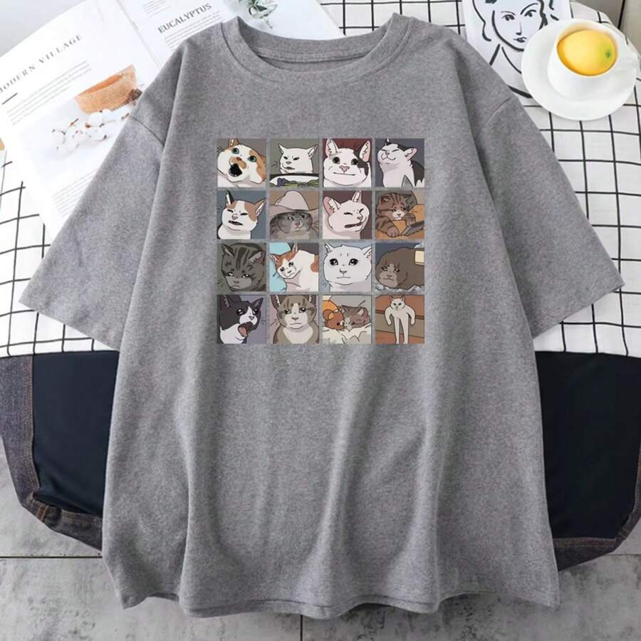 ミーム猫パズル創造性プリントメンズ Tシャツビーチ通気性おかしい服オーバーサイズカジュアルコットント - グレー - チェックする 1