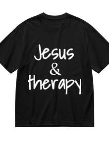 Jesus And Therapy Christian Humor For Christian T-Shirt For Women Men Cotton Short Sleeve Crew Neck Graphic Top Tee - 黑色 - 查看 1