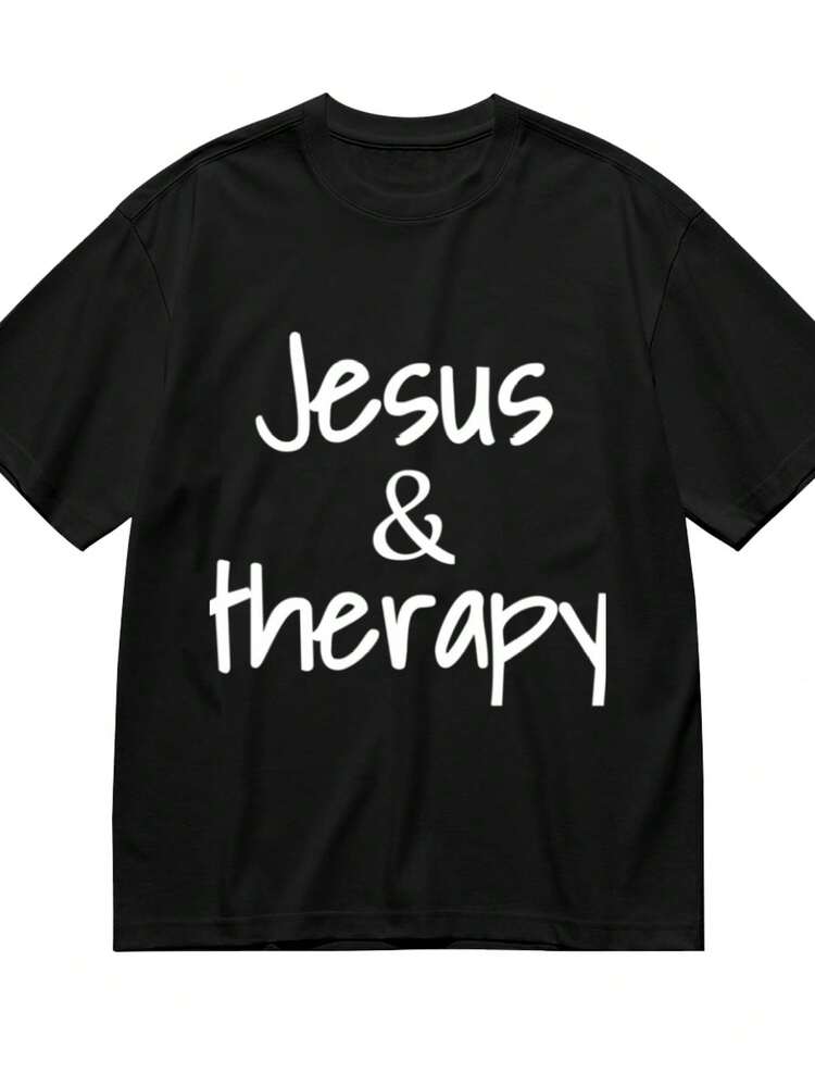 Jesus And Therapy Christian Humor For Christian T-Shirt for Women Men Cotton Short Sleeve Crew Neck Graphic Top Tee - Negro - Añade 1