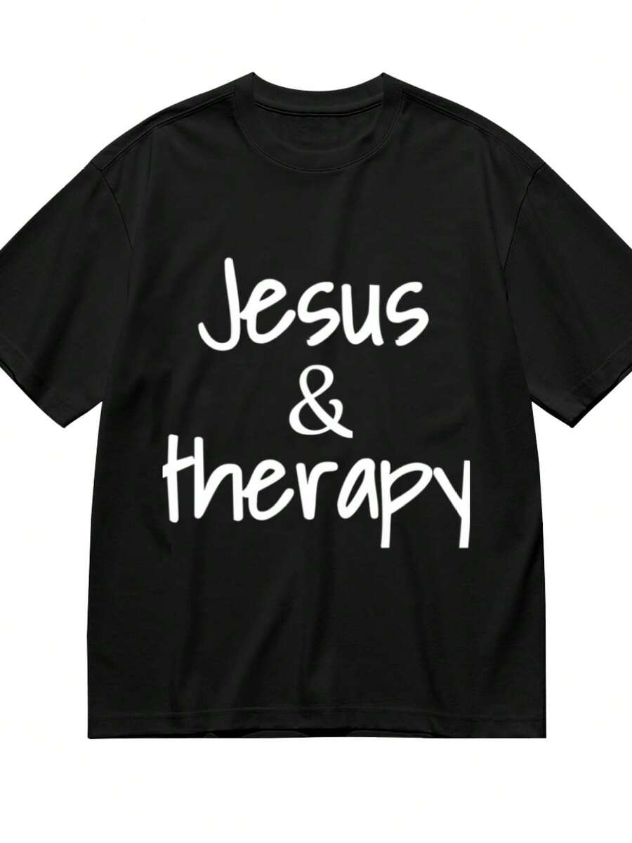 Jesus And Therapy Christian Humor For Christian T-Shirt For Women Men Cotton Short Sleeve Crew Neck Graphic Top Tee - 黑色 - 查看 1