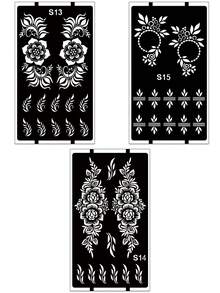 3pcs/Set Hana Hand-Drawn Hollow Tattoo Stencils, Floral Pattern Nail Art Tattoo - Sexy Floral Design, Suitable For Hands, DIY Painting, Ink, Reusable Mehndi Design Template Stickers - Black - View 6
