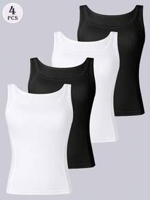 4pcs/Set European & American New Ribbed Tank Tops, Slim Fit Versatile Comfortable Fishbone Line Camisole, All Season Solid Color Base Layer Undershirt For Women - Multicolor - View 1