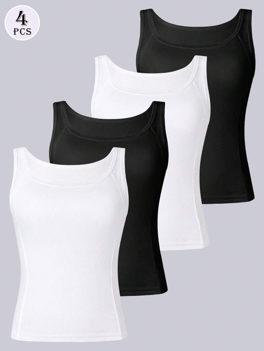 4pcs/Set European & American New Ribbed Tank Tops, Slim Fit Versatile Comfortable Fishbone Line Camisole, All Season Solid Color Base Layer Undershirt For Women - Multicolor - View 1