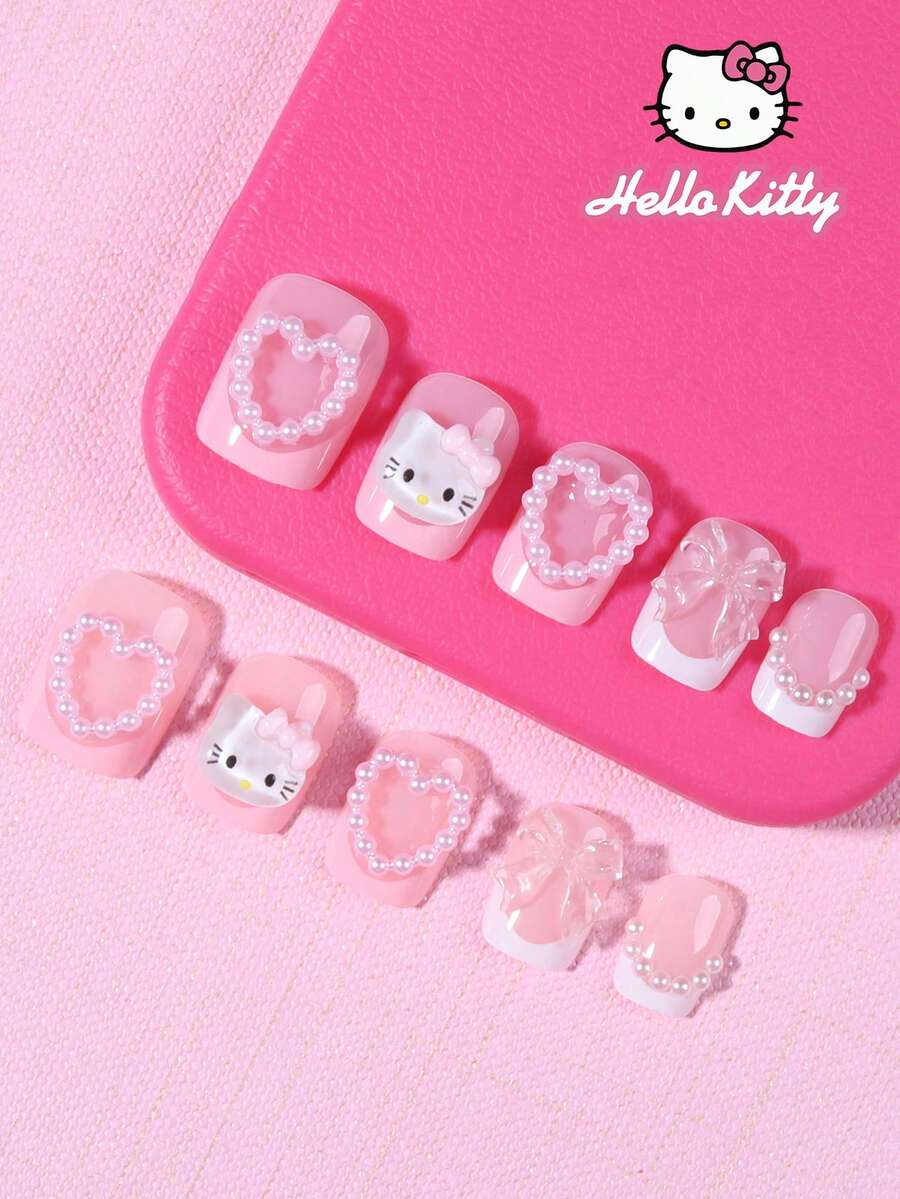 Sanrio Hello Kitty 24片 Y2K 短方型法式穿戴甲,3D可愛 Hello Kitty、愛心珍珠與蝴蝶結裝飾假指甲套組,含 1 片果凍膠與 1 片指甲锉,適合女孩日常與派對使用 - 彩色 - 查看 1