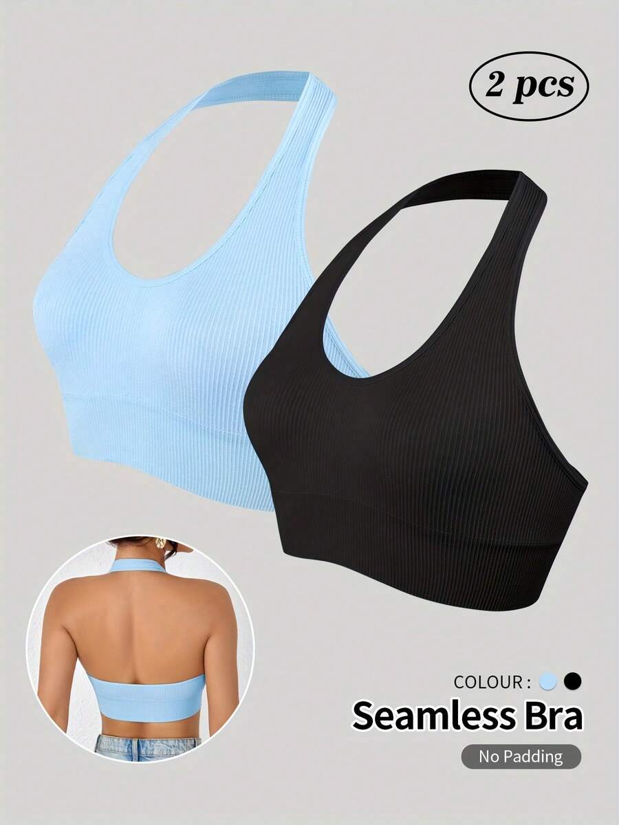 Seamless Sports Bra And Tank Top - Ribbed Halter Yoga Top With Open Back - 橘色 - 查看 1