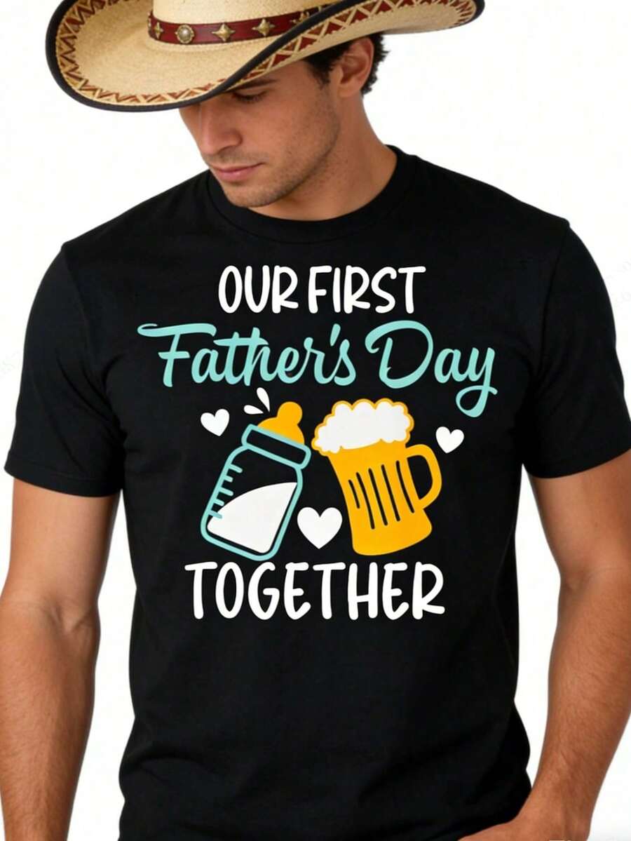 Men's Short Sleeve T-Shirt With Baby Bottle And Heart Print - "Our First Father's Day Together" - Gift For New Dad - Crew Neck - Comfortable Cotton Casual T-Shirt - 黑色 - 查看 1