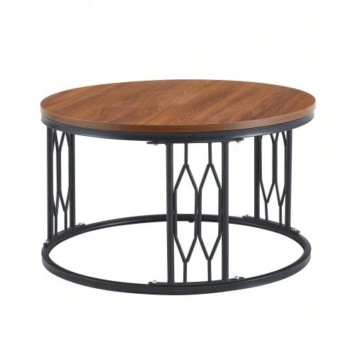 Round Coffee Table With Wood-Effect Top And Metal Frame, Modern Living Room Table With Geometric Iron Structure, Stable Round Side Table, Approx. 70 X 40.5 Cm - 卡其色 - 查看 1