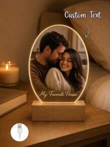 1 Acrylic Night Light For Couples, Customizable With Text, Warm LED Edge Lighting On A Wooden Base, Oval Romantic Bedside Or Desktop Decor, Suitable For Anniversary, Valentine's Day, Birthday, Wedding Anniversary Gifts - Multicolor (Style 2) - View 5