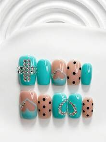 10pcs Avant-Garde Handmade Press-On Nails, Polygel Nail Art Set, Polka Dot, Heart & Rhinestone Embellishments, Blue Green Black Color Scheme, Fashion Style, Includes Nail Tools, 3 Sizes Available, Square, Short Square, Almond Shape, Suitable For Party, Dancing, Daily Wear - Multicolor - View 13