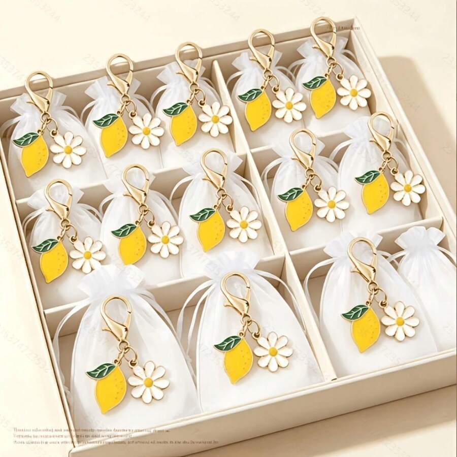 5/10sets Summer Lemon Daisy Keychain Sets With White Organza Bags & Thank You Tags,Suitable For Bridal Shower ,Baby Shower ,Wedding, Guest Mini Souvenir Present - View 1