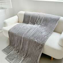 1pc Oversized Striped Blanket, Wide Stripe Cutout Faux Rabbit Fur, Milk Plush, Flannel Throw Blanket, Casual Nap Blanket, Office Siesta Small Throw - Light Grey - View 8