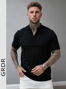 GRDR 男士新款极简夏季休闲亨利领短袖T恤 - 黑色 - 查看 1