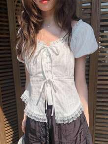Solid Color Lace Trim Tie Front Short Sleeve Blouse Women's Summer Top White - White - View 2