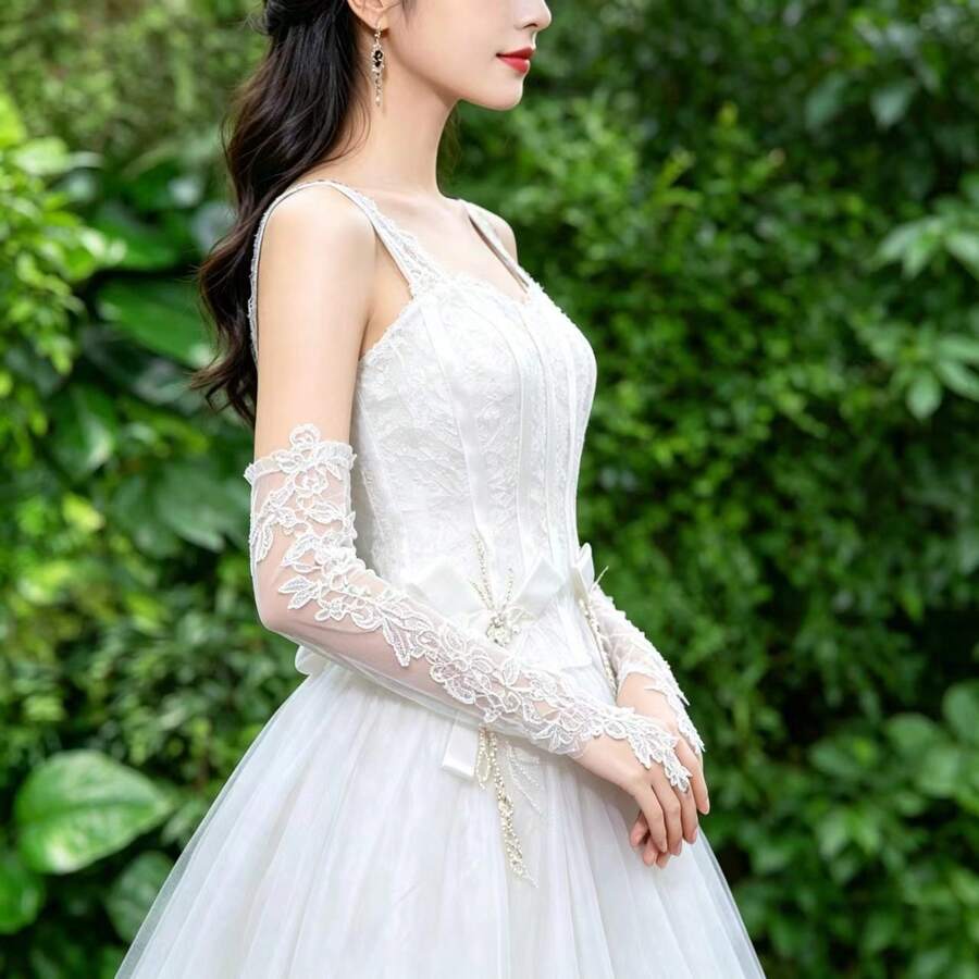 Evening Dress Wedding Gown Gloves Long Fingerless Black White Burgundy Evening Party Sexy Transparent Lace Trim Gloves Over-Elbow Finger-Hook Long Sleeve Gloves - White - View 1