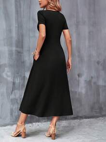 Casual V-Neck Short Sleeve Dress With Pockets. Solid Color, Machine Washable, Versatile For All Seasons. - 黑色 - 查看 7