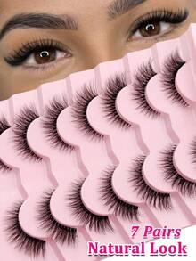 7 Pairs Transparent Stem Natural Style Cross Striped 3D False Eyelashes, Soft Fluffy Faux Mink Lashes, Suitable For Daily Makeup - Black - View 2