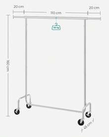 SONGMICS Perchero Para Ropa Con Ruedas, Extensible, Carga Pesada de 130 kg, Fácil de Montar y Portátil, (110-150) * 45 * 162.9 cm,Plata MHSR11SV2 - Negro Mate - Ver 6