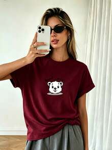 2026 Maija2026 MaijaA Short-Sleeved T-Shirt With A Round Neck And Print, With An Elegant Pleated Design, In A Modern, Casual And Simple Style, Perfect For Everyday Outdoor Wear. - 黑色 - 查看 3