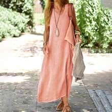 Ropa de mujer de talla grande, vestidos de estilo europeo y americano, vestidos de verano en color lino-algodón, elegantes y ajustados. - Rosa - Ver 1