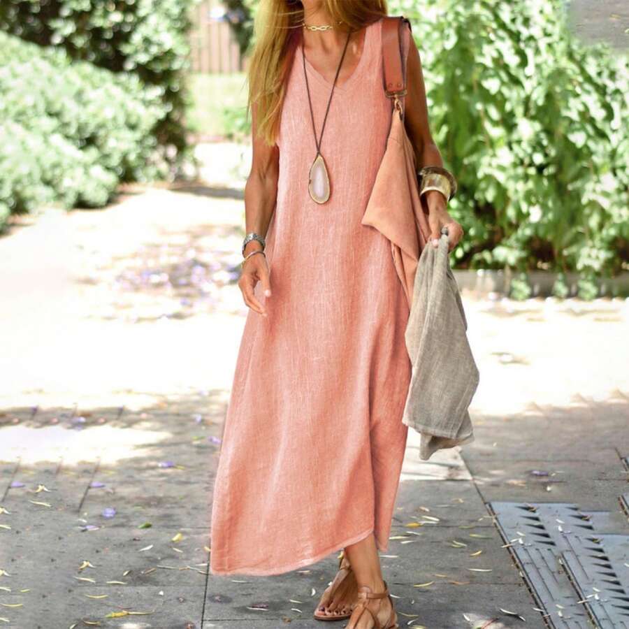 Ropa de mujer de talla grande, vestidos de estilo europeo y americano, vestidos de verano en color lino-algodón, elegantes y ajustados. - Rosa - Ver 1