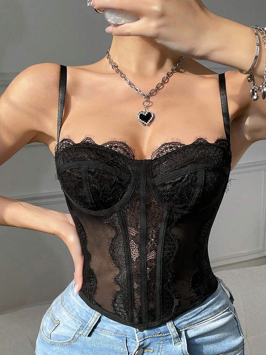 Top Bralette de Encaje y Tierno.Bustier Crop Top con Cierre, Perfecto para Club, Fiestas y Noches Especiales. - Negro - Ver 1