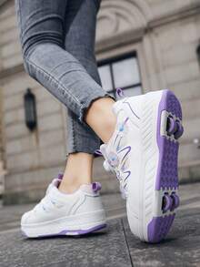 Girls' 4-Wheel Roller Shoes, New Children's Roller Skate Sneakers, All-Season Mesh Upper Lightweight Durable Roller Shoes, Fashionable Hook And Loop Adjustable Dual-Wheel Hidden Roller Shoes, Removable Wheels, 2-In-1 Roller Skate Shoes, Inline Skate Shoes, Sports Shoes With Wheels For Teenagers - Violet Purple - View 10