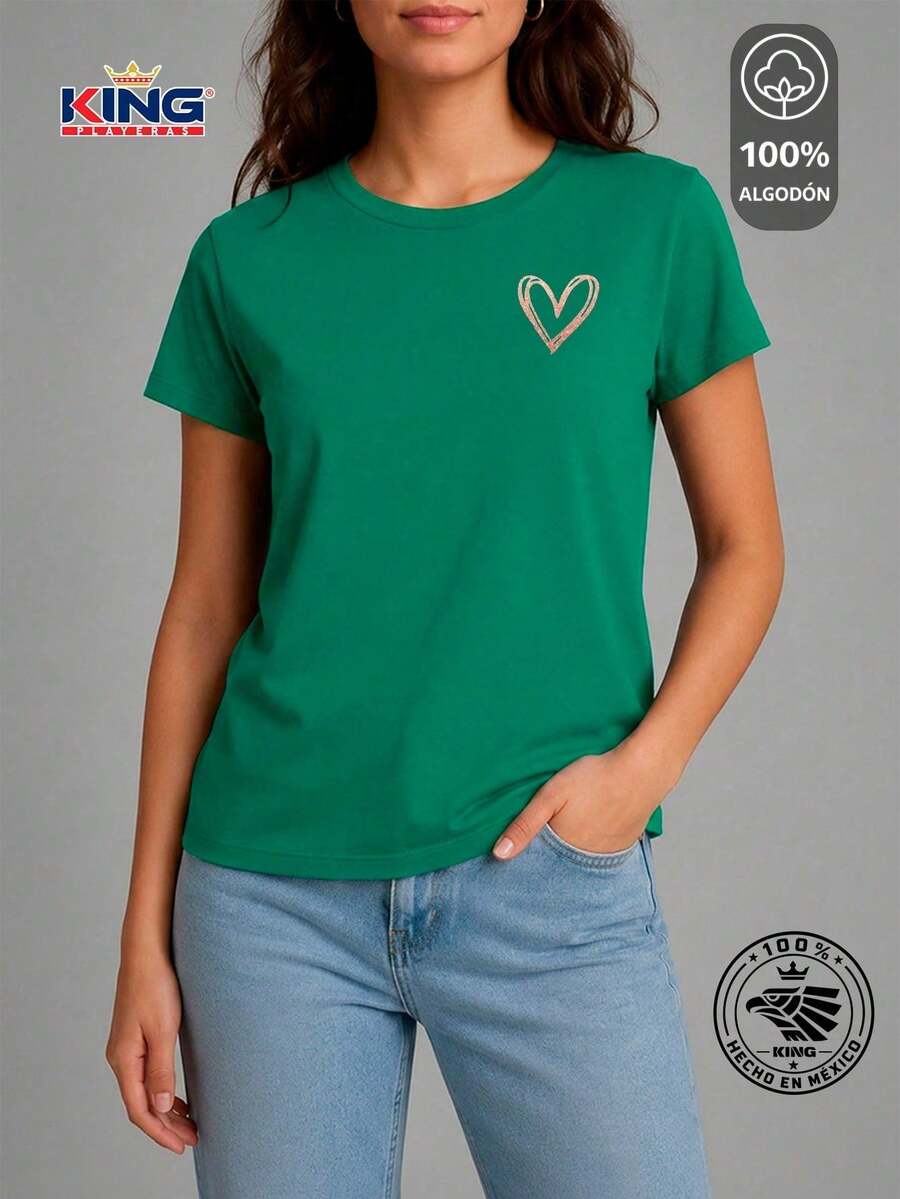 SHENDY VENDY Women's T-Shirt 100% Cotton, Short Sleeve, Round Neck, Soft And Comfortable T-Shirt, Minimalist Heart Print - 綠色 - 查看 1