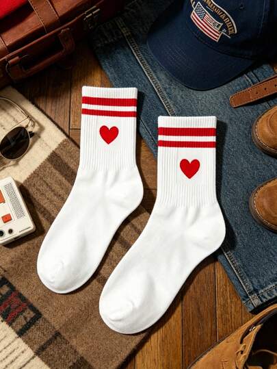 Whitmere 1/5/10 Pairs Men's Heart Striped Sports Mid-Calf Socks, Suitable For Valentine's Day Wear