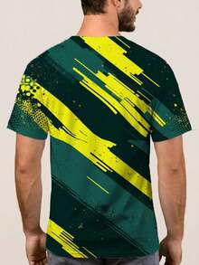 Camiseta de Cuello Redondo para Hombre de Estilo Contemporáneo - Diseño Abstracto de Alto Contraste con Líneas Angulares, Detalles en Tonos Medios y Textura Desgastada, Estampado Vibrante pa - Negro - Ver 4