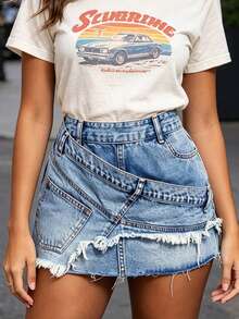Women Denim Mini Skirts Irregular Raw Hem Zipper Back Jeans Skirts Summer Fashion Casual Short Skirts - Blue - View 3
