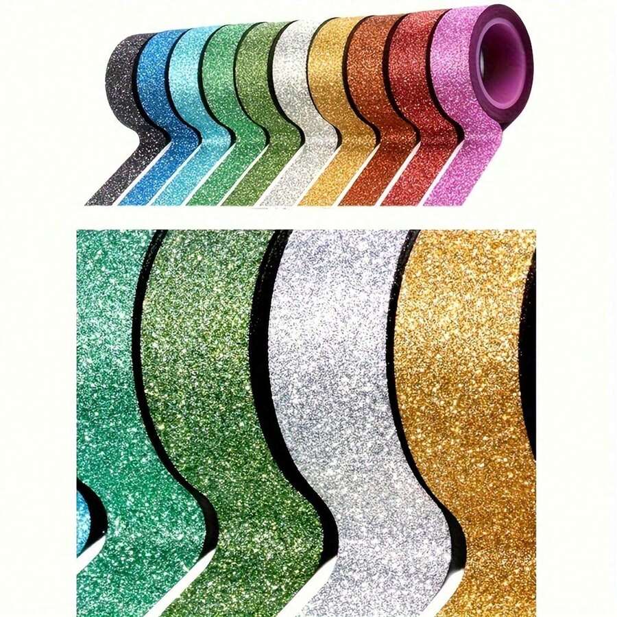 Glitter And Washi Tape Self-Adhesive Shiny Decorative Tape, Multi-Color Glossy Craft Tape For Party Gift Wrapping, Scrapbooking DIY