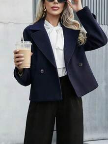 Women's Fashion Lapel Double-Button Short Coat, Long Sleeve Woven Fabric Regular Fit Jacket, Suitable For Autumn/Winter Wear. - Royal Blue - View 4