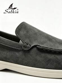 Salkin 經典設計手工男士莫卡辛鞋 平價奢華一腳蹬樂福鞋 寬楦頭 麂皮素食皮革 男鞋 日常休閒平底開車鞋 多色可選 節日禮物 - 深灰色 - 查看 7