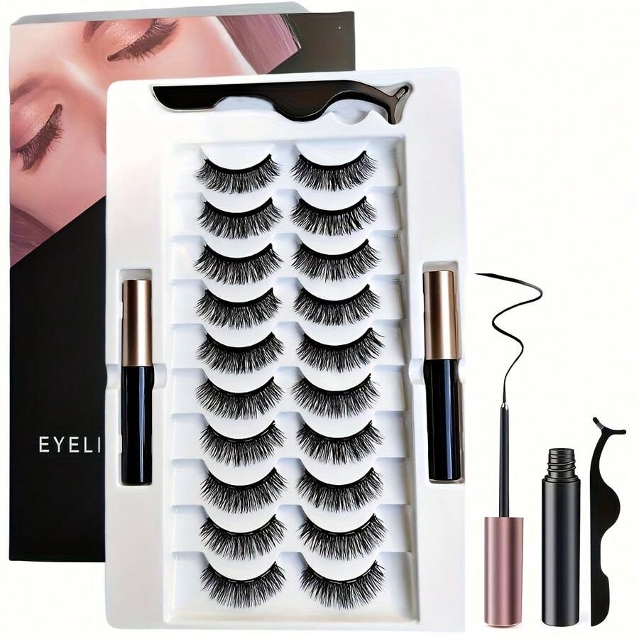 Eyelash And Eyeliner Set - Includes 2 Liquid Eyeliners And 10 Pairs Of Eyelashes - Creates A Natural Look, Reusable, No Glue Required. - White - View 1
