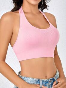 Top deportivo y camiseta de tirantes sin costuras - Top de yoga acanalado tipo halter con espalda abierta - Azul Marino - Ver 6