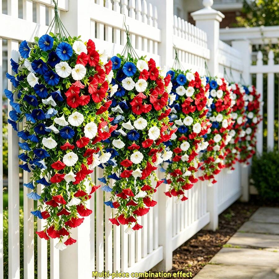 8pcs Lifelike Convolvulus Hanging Flowers, Waterfall Style, Red/White/Blue Contrast Design, Suitable For Flag Day, Memorial Day, Independence Day Decoration, Waterproof And Fade-Resistant, Maintenance-Free Long-Lasting Blooms, Applicable For Porch Railing, Balcony, Garden - Multicolor - View 1