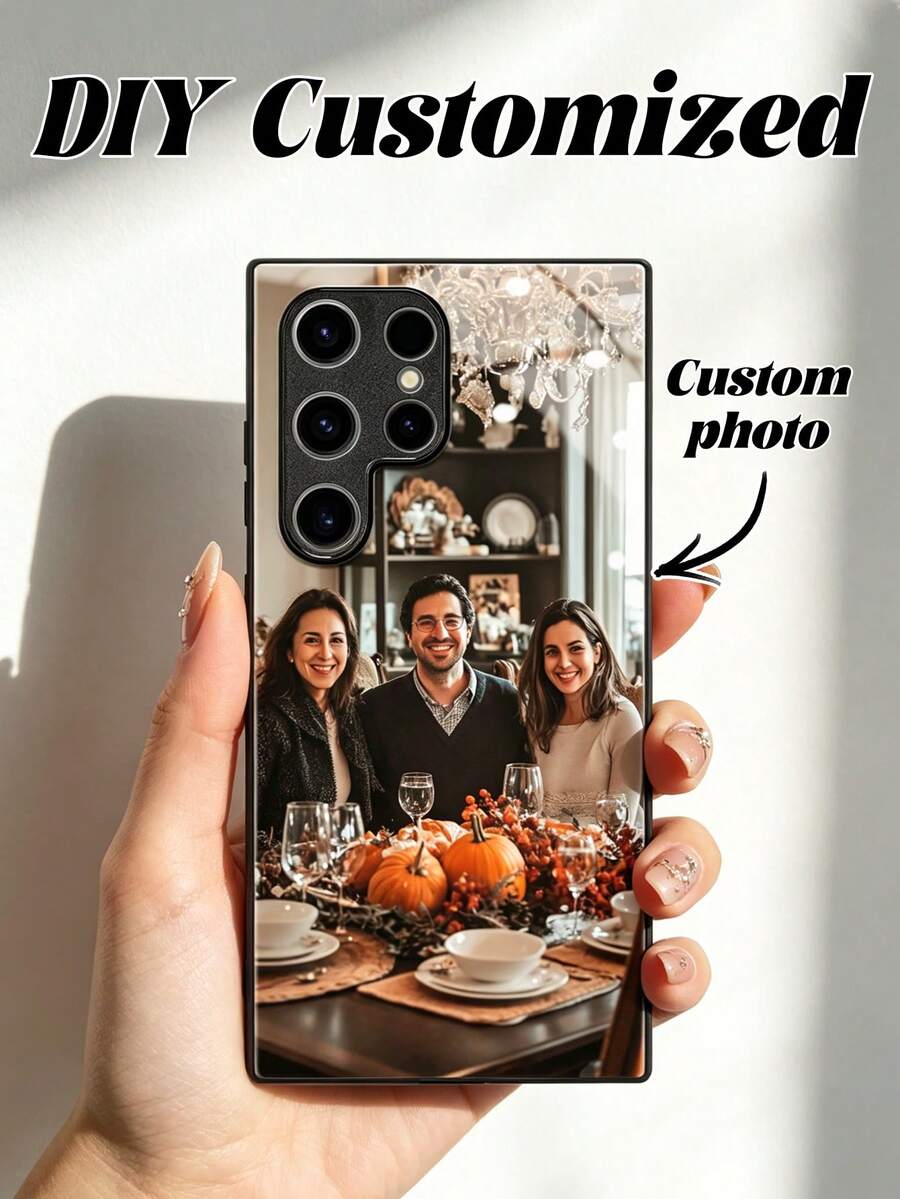 1pc Summer Phone Case, Thanksgiving Family/Couple/Pet Photo Personalized Customization, High-Definition Glass Phone Case Compatible With Apple 16 Pro Max/17 Pro Max/17 Air/ S24 Ultra/ And Other Models